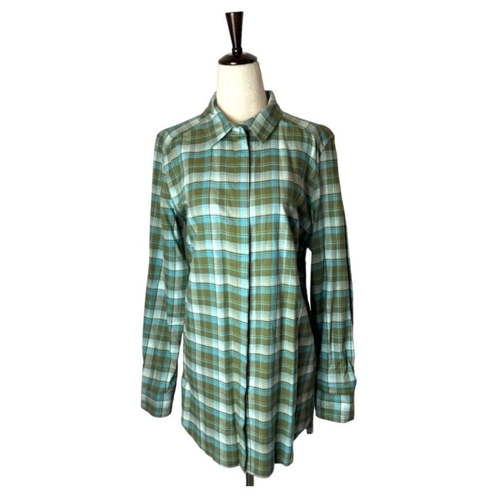 Tyler Boe Blue Green Plaid‎ Collared Button Front Pleated Back Tunic Top Size 10